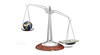 Scales of Justice Weighing Earth Globe Against Money