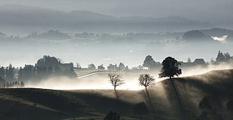 Misty Morning Landscape with Rolling Hills and Sunbeams