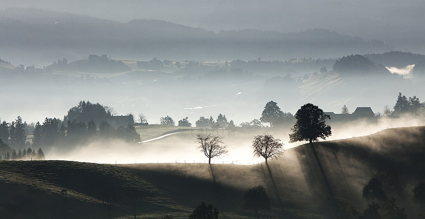 Misty Morning Landscape with Rolling Hills and Sunbeams