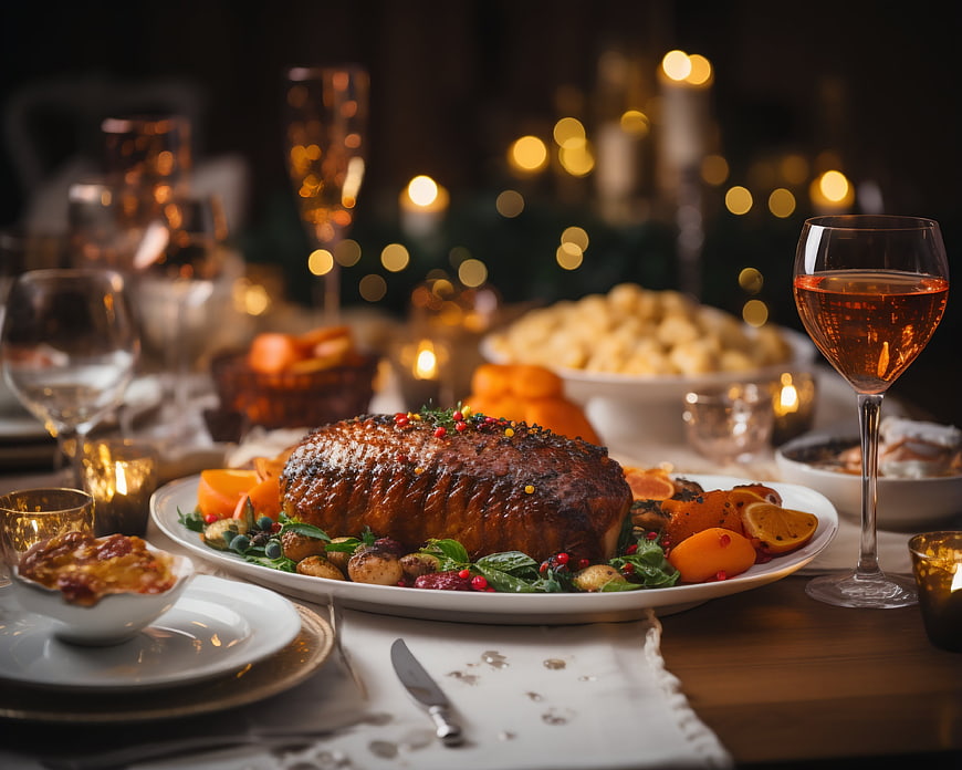 Gourmet Roasted Meat Feast on Elegant Holiday Dinner Table