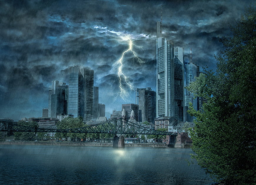 Dramatic Lightning Strike Over Frankfurt Skyline During Thunderstorm