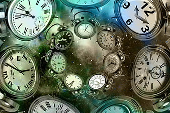 Surreal collage of vintage clocks floating in a cosmic galaxy background
