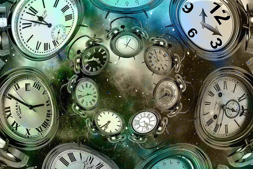 Surreal collage of vintage clocks floating in a cosmic galaxy background