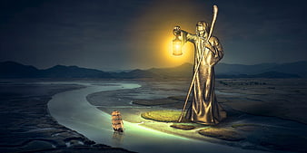 Golden statue holding lantern guiding ship on river at night