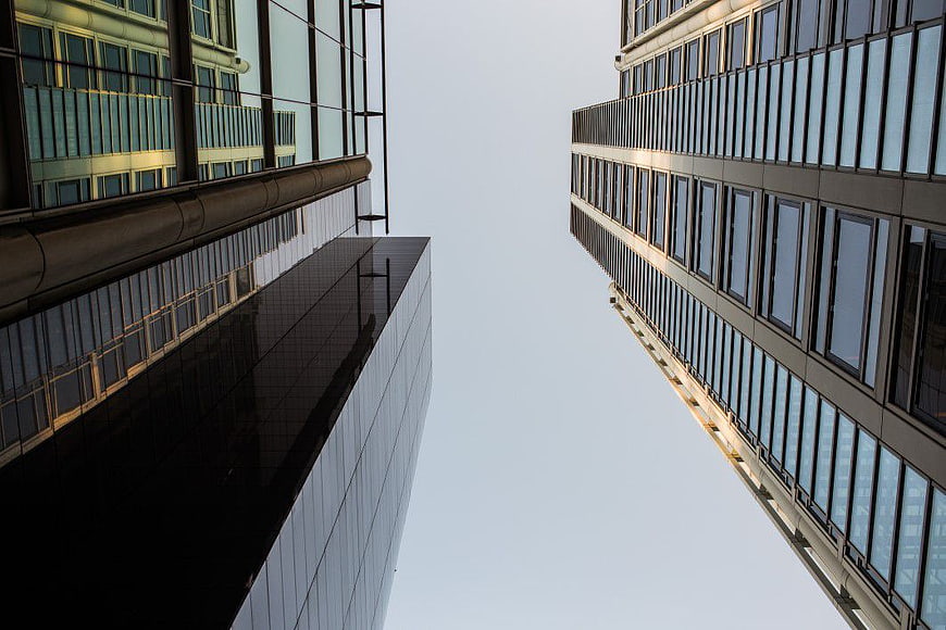 Low Angle View of Modern Glass Skyscrapers