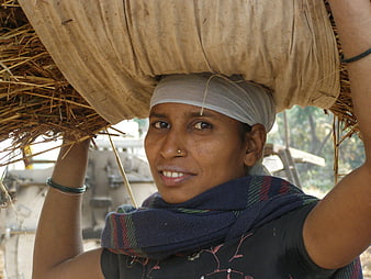 Woman Carrying Hay Bundle on Head in Rural Setting
