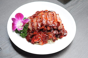 Glossy Cantonese Char Siu Pork Belly with Orchid Garnish