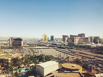 Wide aerial view of Las Vegas Strip skyline and cityscape