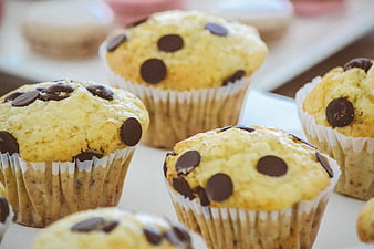 Close-up of fresh chocolate chip muffins on a white plate