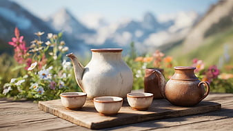 Rustic Ceramic Tea Set on Wooden Board with Mountain View