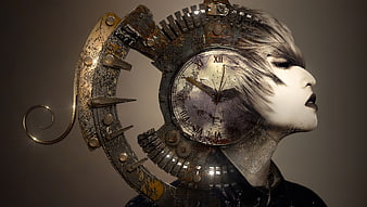 Surreal Steampunk Woman Portrait with Clockwork Head