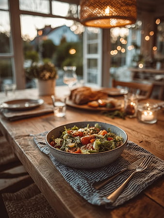 Fresh Garden Salad on Rustic Wooden Dining Table