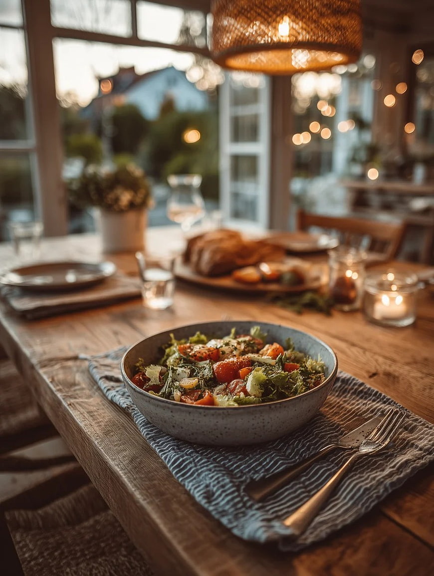Fresh Garden Salad on Rustic Wooden Dining Table