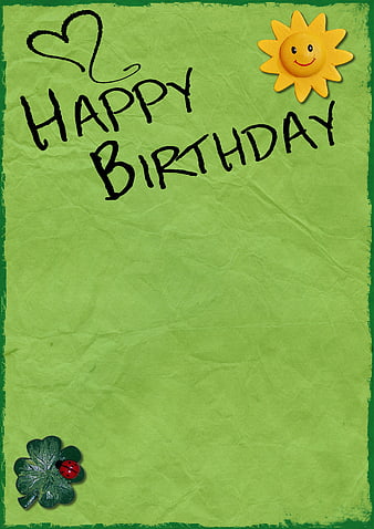 Green Crumpled Paper Happy Birthday Card with Sun and Clover