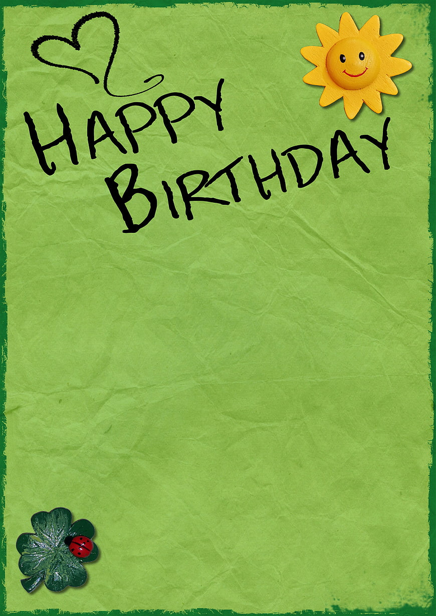 Green Crumpled Paper Happy Birthday Card with Sun and Clover