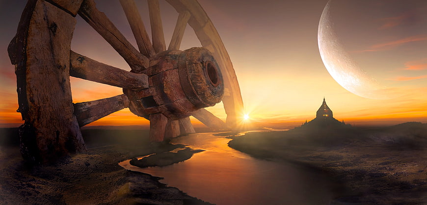 Surreal Fantasy Landscape with Giant Wooden Wheel and Moon
