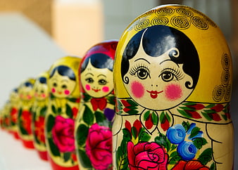 Colorful Russian Matryoshka Dolls in a Row