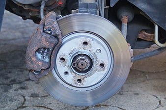 Rusty Car Brake Caliper And Disc Close Up