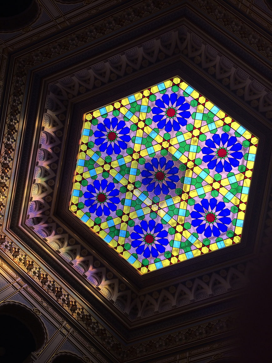 Colorful Islamic stained glass ceiling pattern in Sarajevo