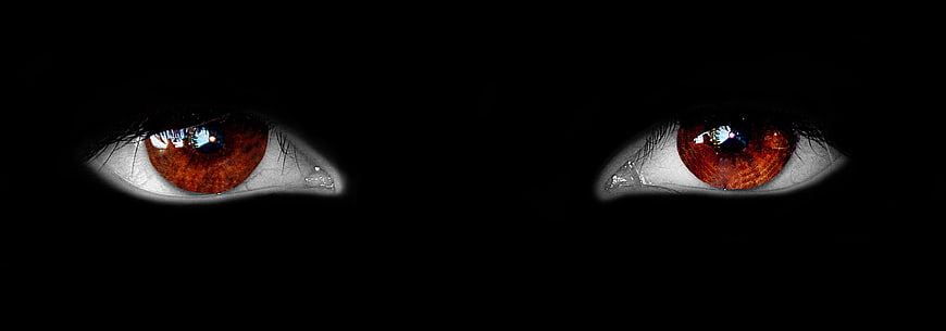 Close-up of intense red eyes in darkness