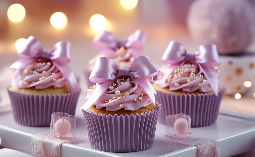 Elegant Pink Cupcakes with Satin Bows and Gold Sprinkles