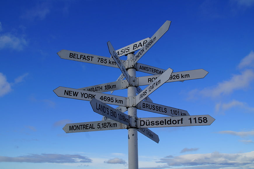 White Directional Signpost With City Names Against Blue Sky