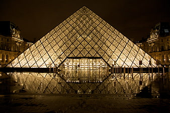 Louvre Pyramid Reflection at Night in Paris