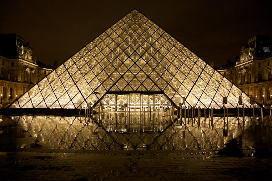 Louvre Pyramid Reflection at Night in Paris