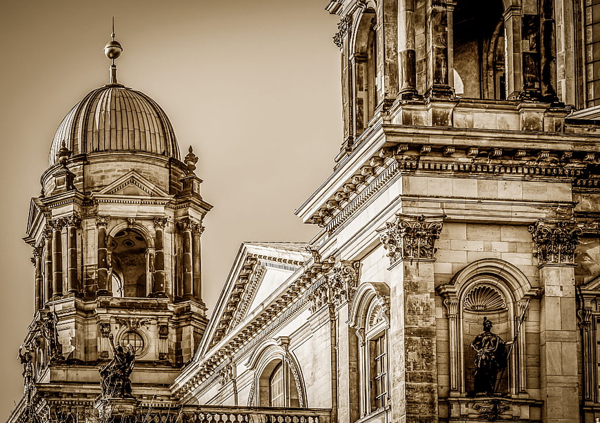 Sepia Toned Berlin Cathedral Facade And Dome Architecture