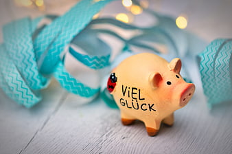 Ceramic Piggy Bank With Viel Glueck Text And Teal Ribbon