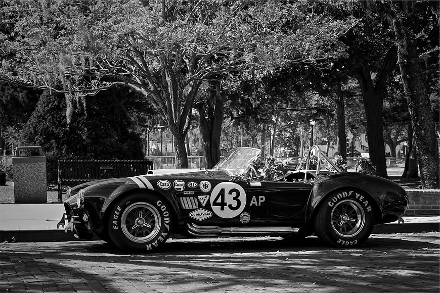 Vintage Shelby Cobra Race Car in Black and White