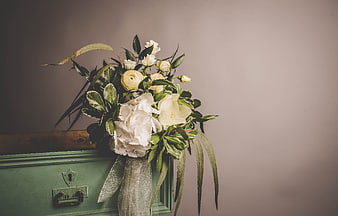 Vintage White Floral Bouquet on Green Wooden Box