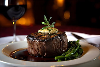 Grilled Filet Mignon Steak with Greens and Wine