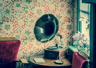 Vintage Gramophone in Retro Floral Room Interior