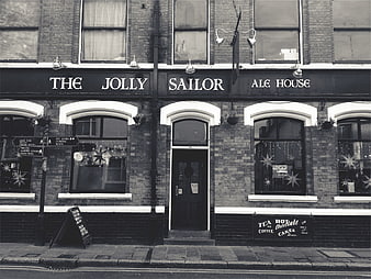 Black and white photo of The Jolly Sailor Ale House pub exterior