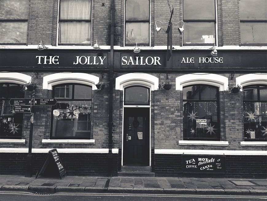 Black and white photo of The Jolly Sailor Ale House pub exterior