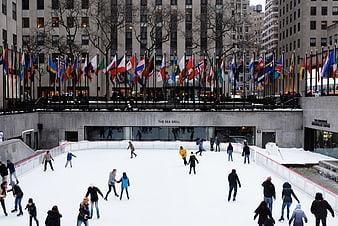 Ice Skating at Rockefeller Center with International Flags