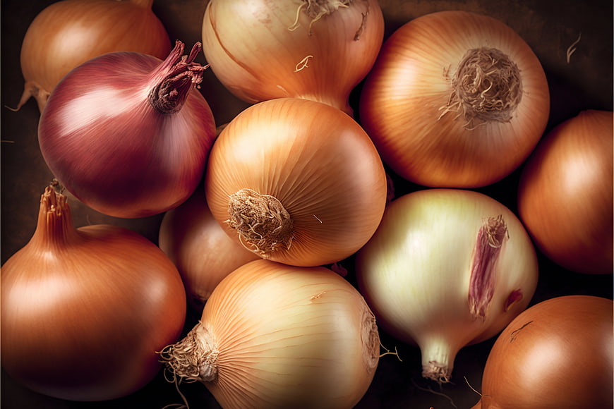 Fresh whole onions top view food photography