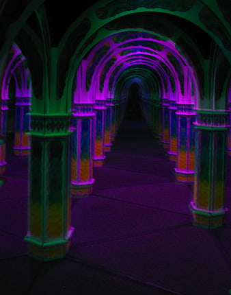 Neon lit arches in a dark tunnel