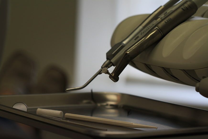 Close-up of dental instruments and equipment in a clinic