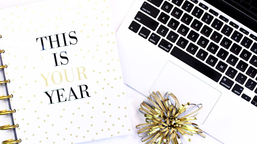 New Year Planner and Laptop with Gold Bow