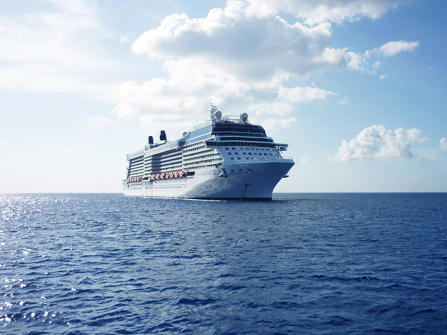 Large white cruise ship sailing on blue ocean under sunny sky