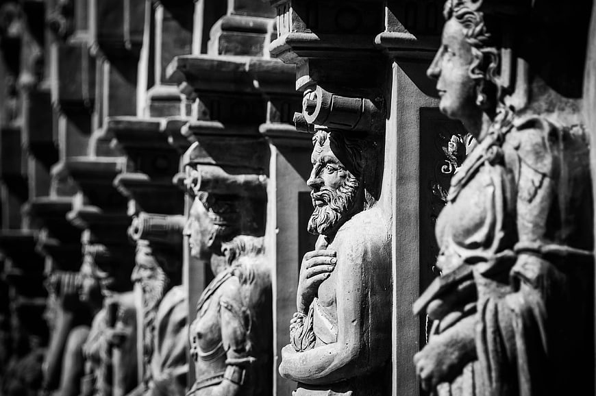 Black and White Row of Stone Caryatid Statues
