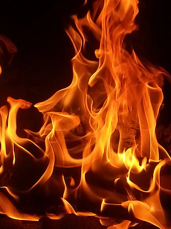 Close-up of bright orange flames burning intensely against a dark background