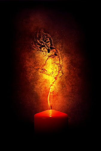Skeletal Woman Flame Candle Art