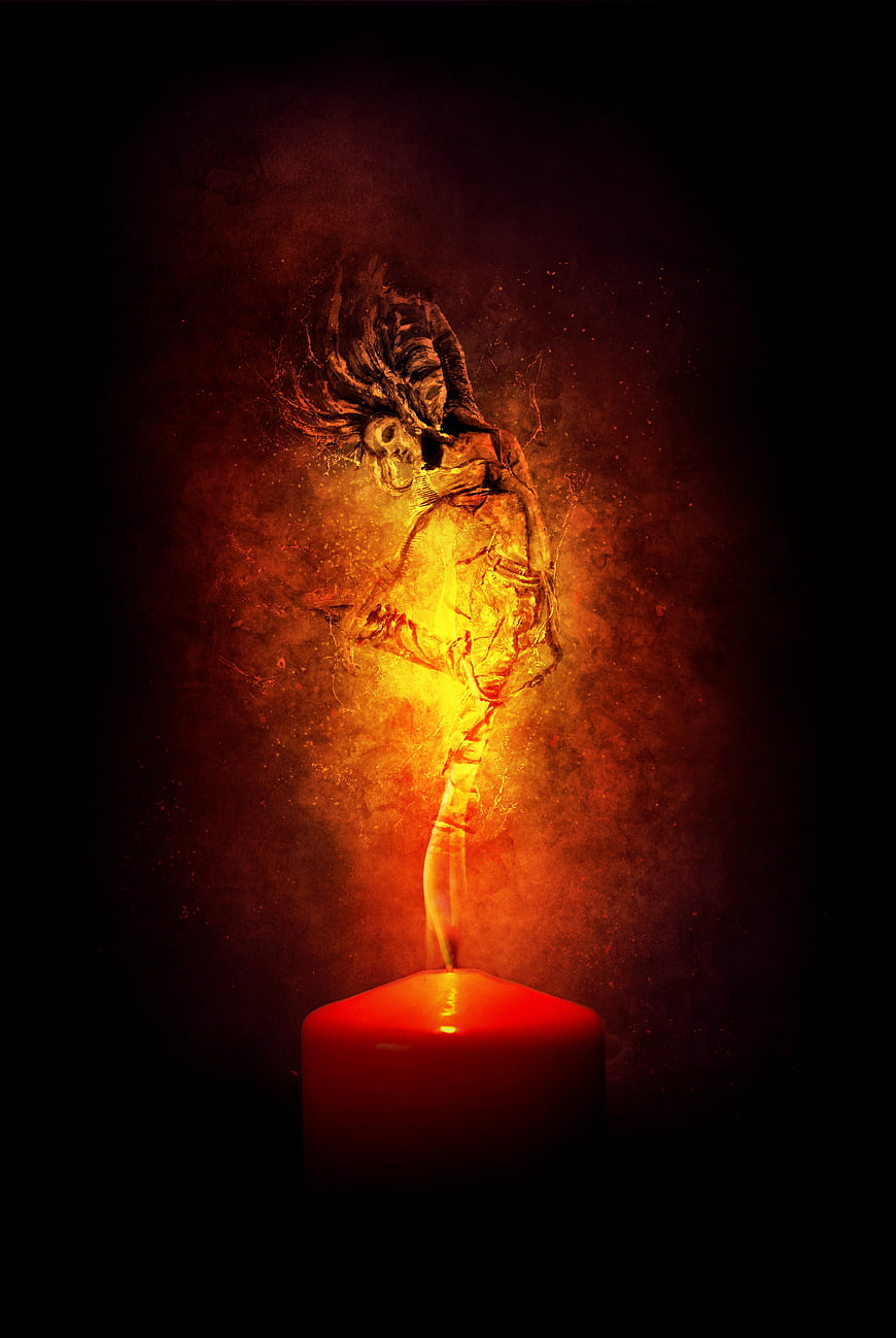 Skeletal Woman Flame Candle Art