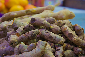 Fresh Ginger Roots Pile Close Up Market Display
