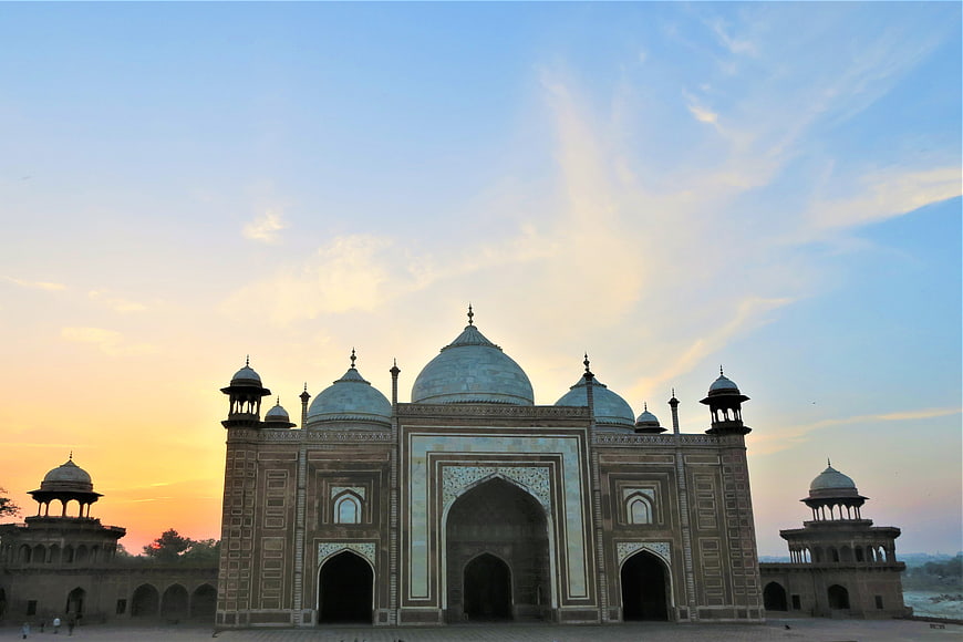 Taj Mahal Gateway at Sunset with Blue Sky