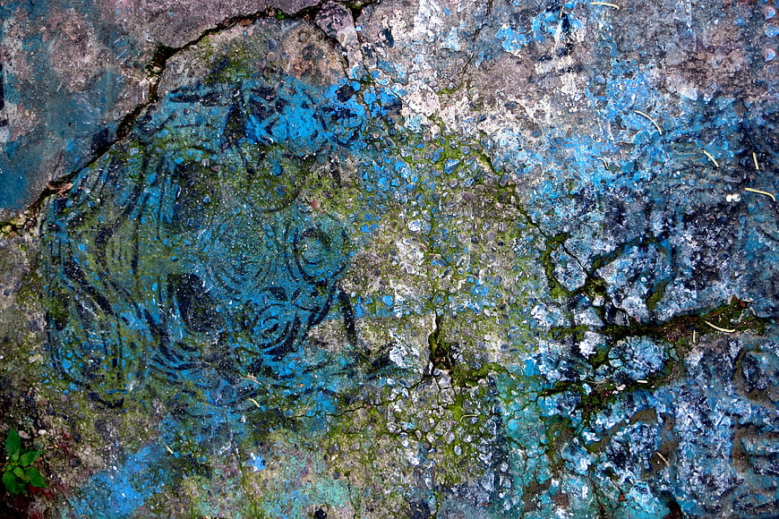 Weathered blue graffiti flowers on cracked concrete sidewalk