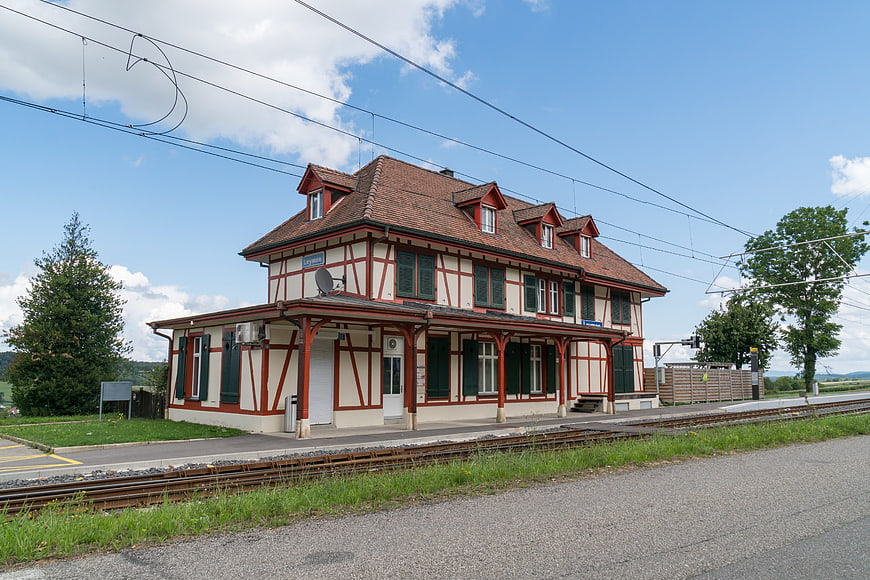 Traditional Swiss Half-Timbered Railway Station Building